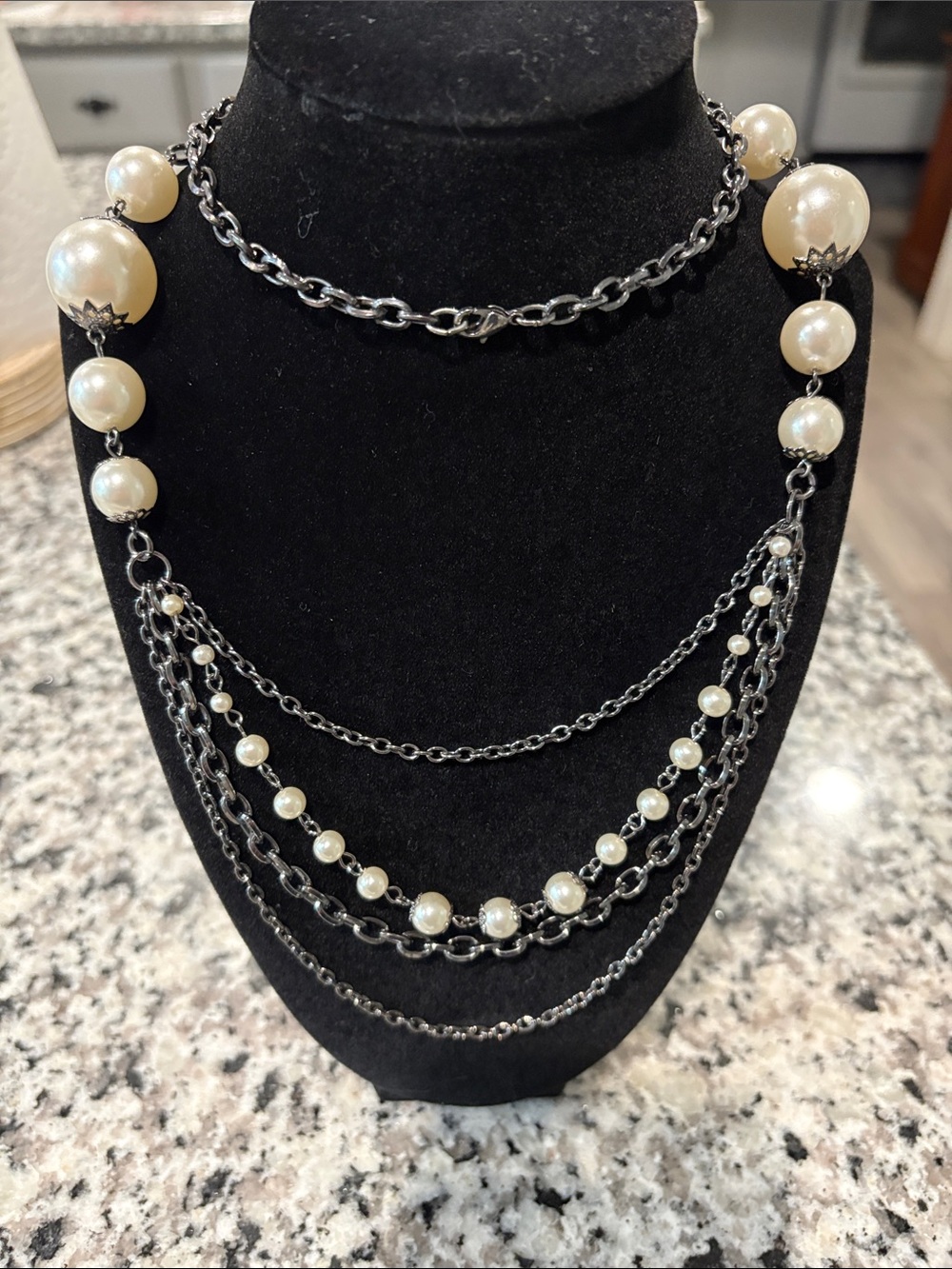 Women’s Faux Pearl Long Necklace with Gunmetal Chain